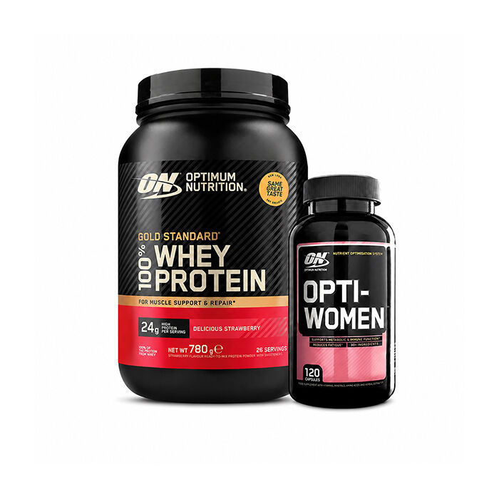 100 % Whey Gold Standard Valleprotein 700 g + Opti-Women, 120 kapsler
