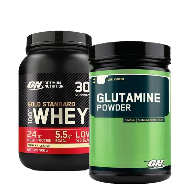 Optimum Nutrition 100% Whey Gold Standard Vassleprotein 908 g + Glutamine Powder 1050 g