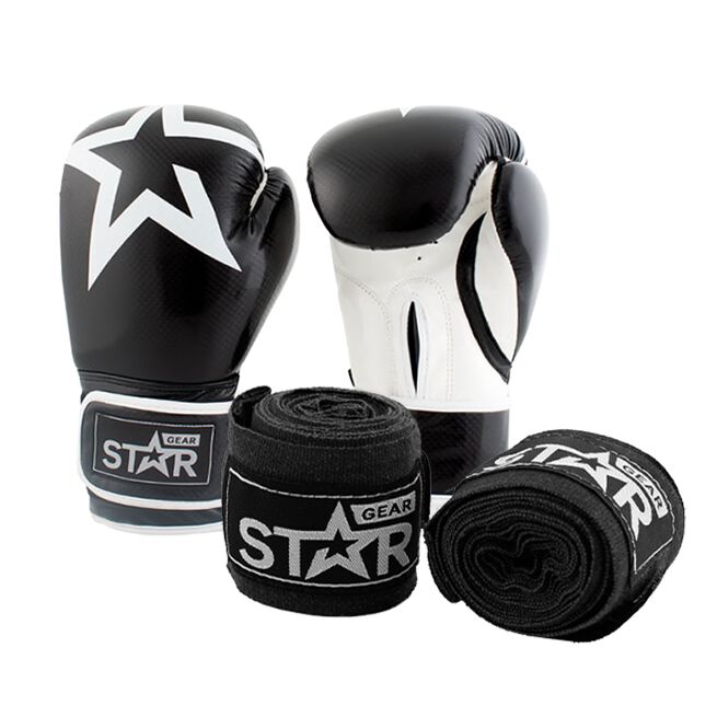 Star Gear Boxing Gloves, Black + få Hand Wraps på köpet 