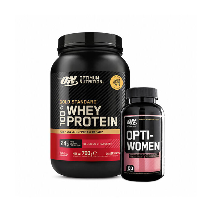 100 % Whey Gold Standard Valleprotein 700 g + Opti-Women, 60 kapsler