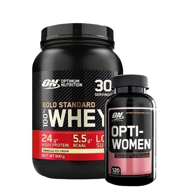 100 % Whey Gold Standard Valleprotein 908 g + Opti-Women, 120 kapsler