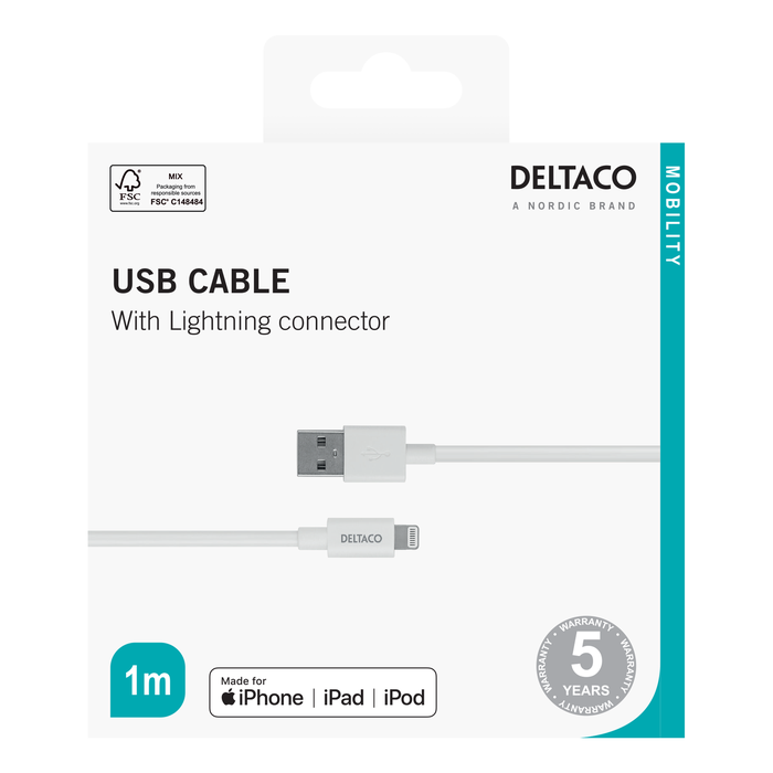 USB-A til Lightning Ladekabel 1 m Hvid