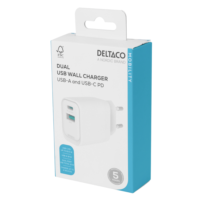 USB V&aelig;goplader 1 x USB-A 18 W 1 x USB-C PD 20 W Hvid