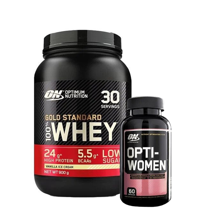 100 % Whey Gold Standard Valleprotein 908 g + Opti-Women, 60 kapsler