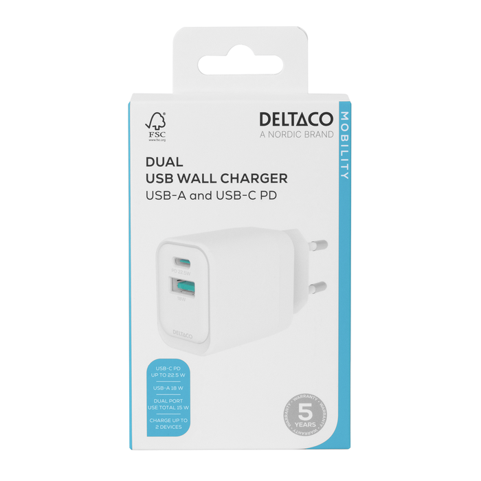 USB V&aelig;goplader 1 x USB-A 18 W 1 x USB-C PD 20 W Hvid