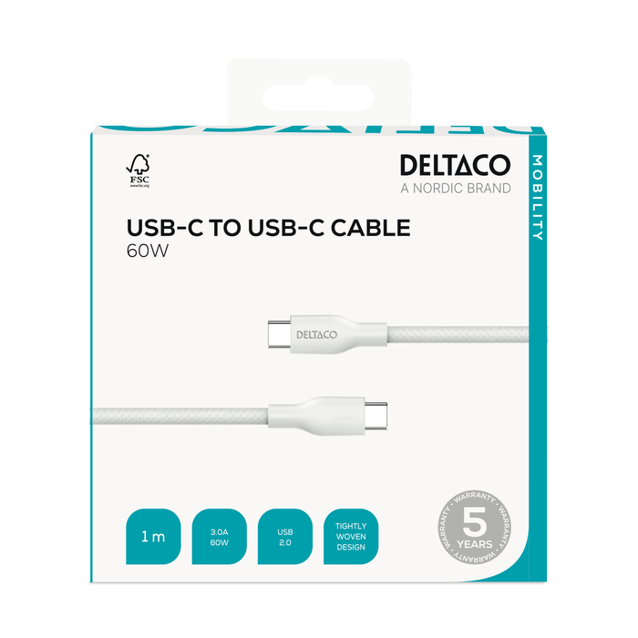 USB-C til USB-C Ladekabel Flettet 60 W 1 m Hvid