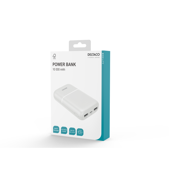 Power Bank 10000 mAh 2 x USB-A 1 x USB-C Hvid