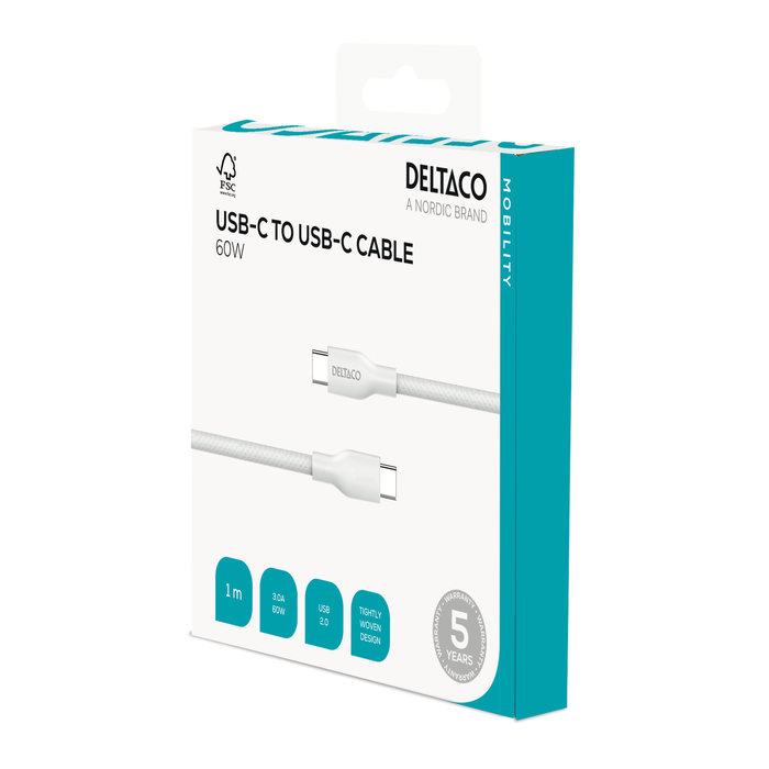 USB-C til USB-C Ladekabel Flettet 60 W 1 m Hvid