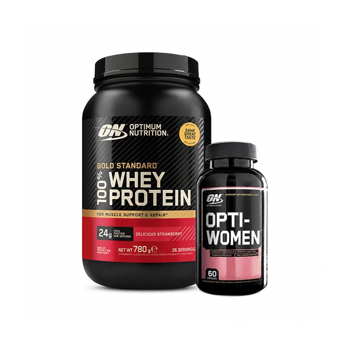 100 % Whey Gold Standard Valleprotein 700 g + Opti-Women, 60 kapsler
