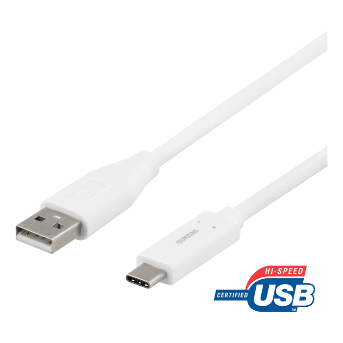 DELTACO USB-C to USB-A cable, 1m, 3A, USB 2.0, white